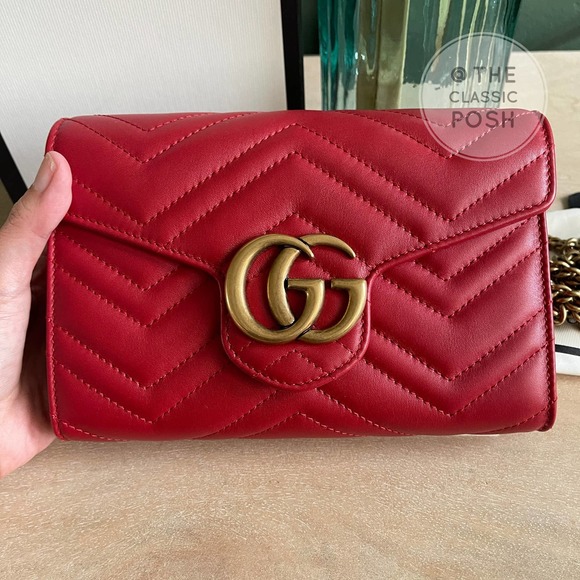 ❌SOL❌ NEW Gucci Marmont WOC Chain Wallet Red Leather Bag - Picture 11 of 11